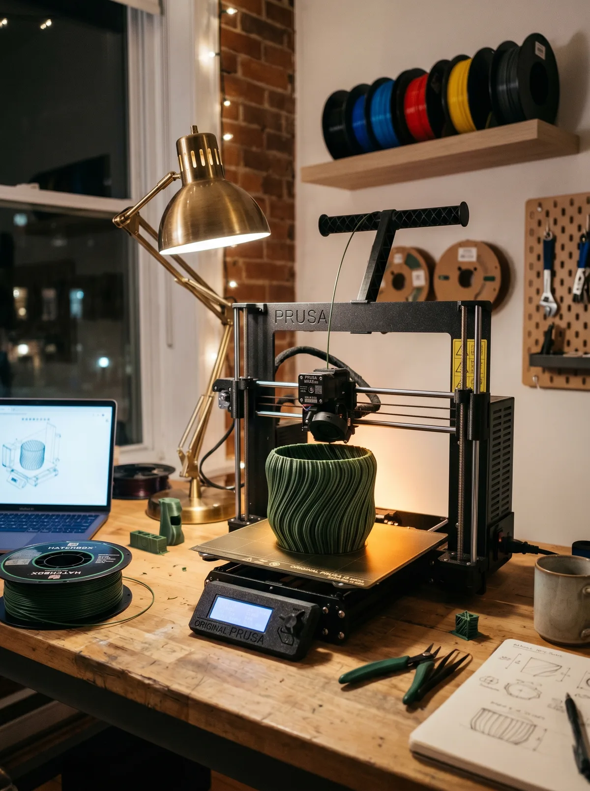 3D printer building a fluted plant pot in the Montréal studio