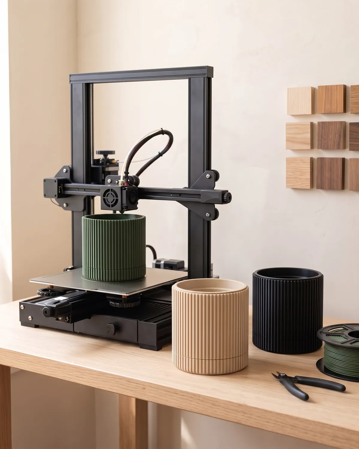 A 3D printer with a green ribbed planter on its print bed, finished beige and black planters beside it