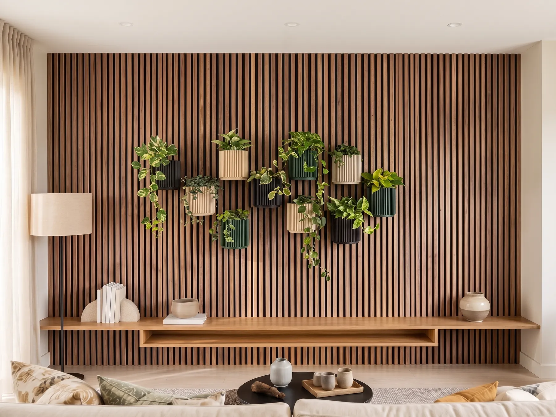 A walnut slat wall in a bright living room, with a cluster of green, beige and black ribbed planters above a floating oak shelf