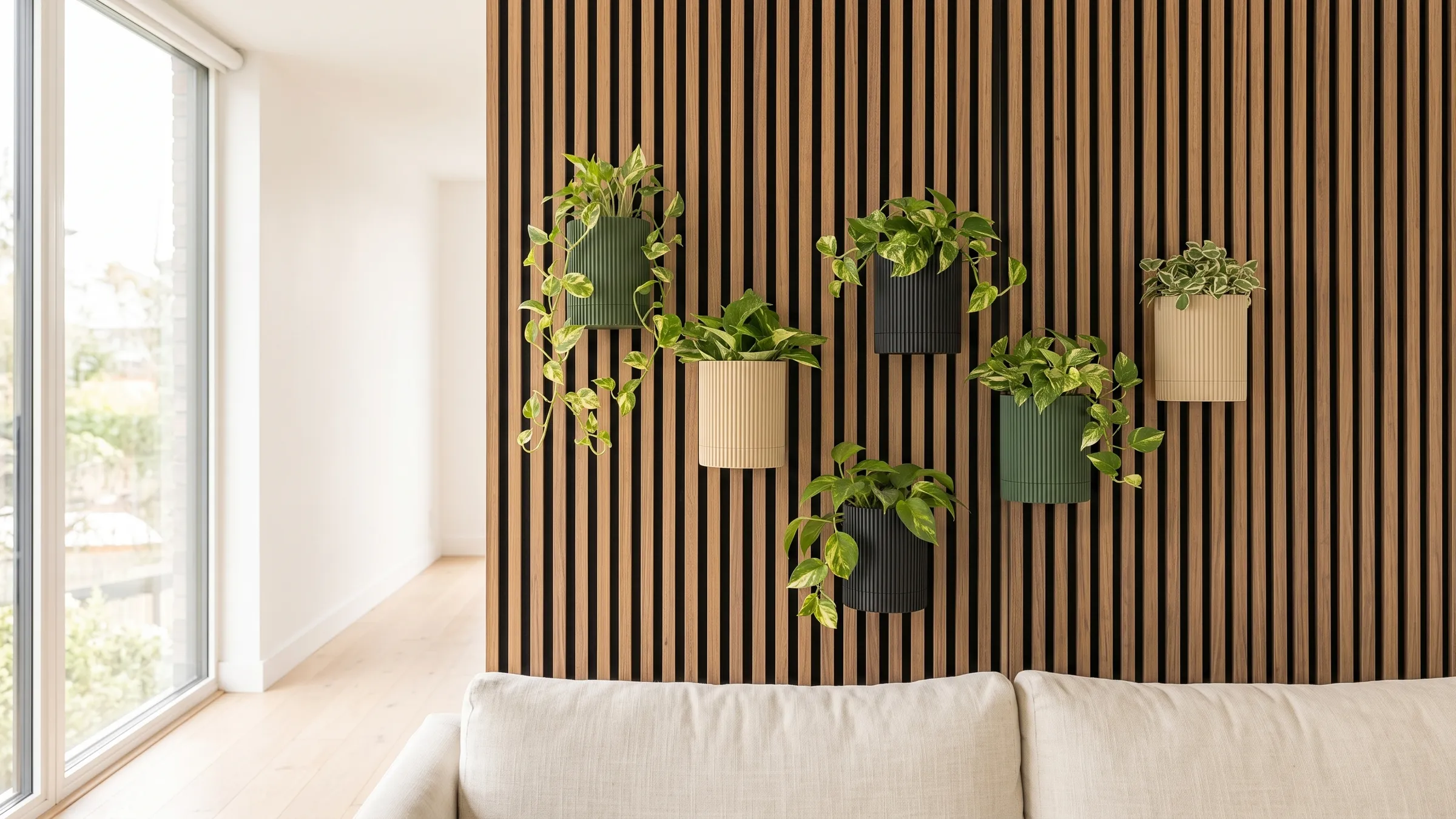 A bright living room by a tall window, with green, beige and black ribbed planters on a walnut slat wall above a linen sofa