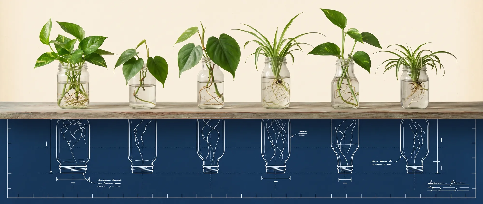 A row of glass jars with rooting cuttings on a wooden shelf; below the shelf, a navy technical blueprint shows the roots as white schematic linework