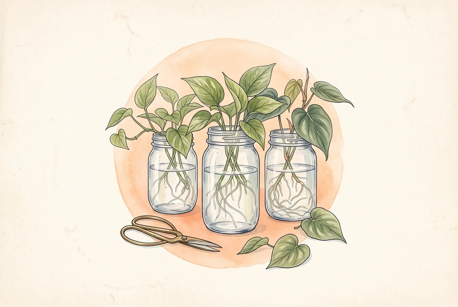 Watercolor illustration of three glass jars holding pothos and philodendron cuttings with white roots, beside brass pruning snips