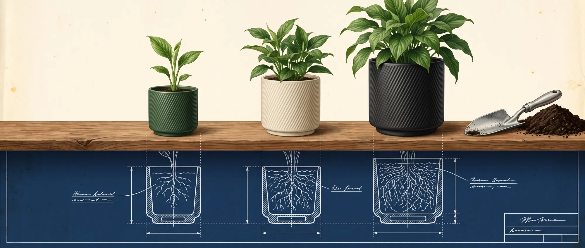 The same plant at three stages in ribbed planters of increasing size — forest green, cream, black — on a wooden shelf; below, a navy blueprint shows the root ball filling each pot in white linework