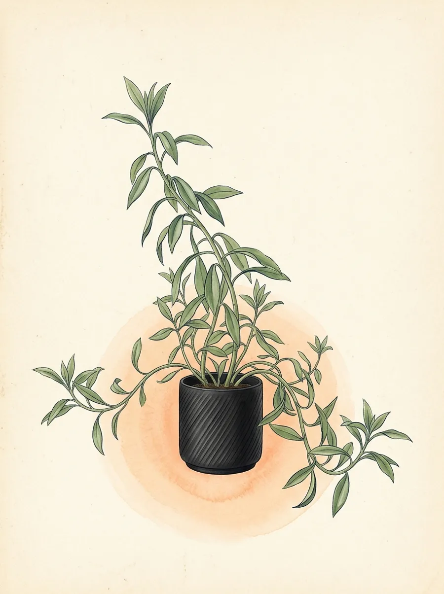 Watercolor illustration of a tall leggy houseplant sprawling out of a too-small ribbed matte-black pot