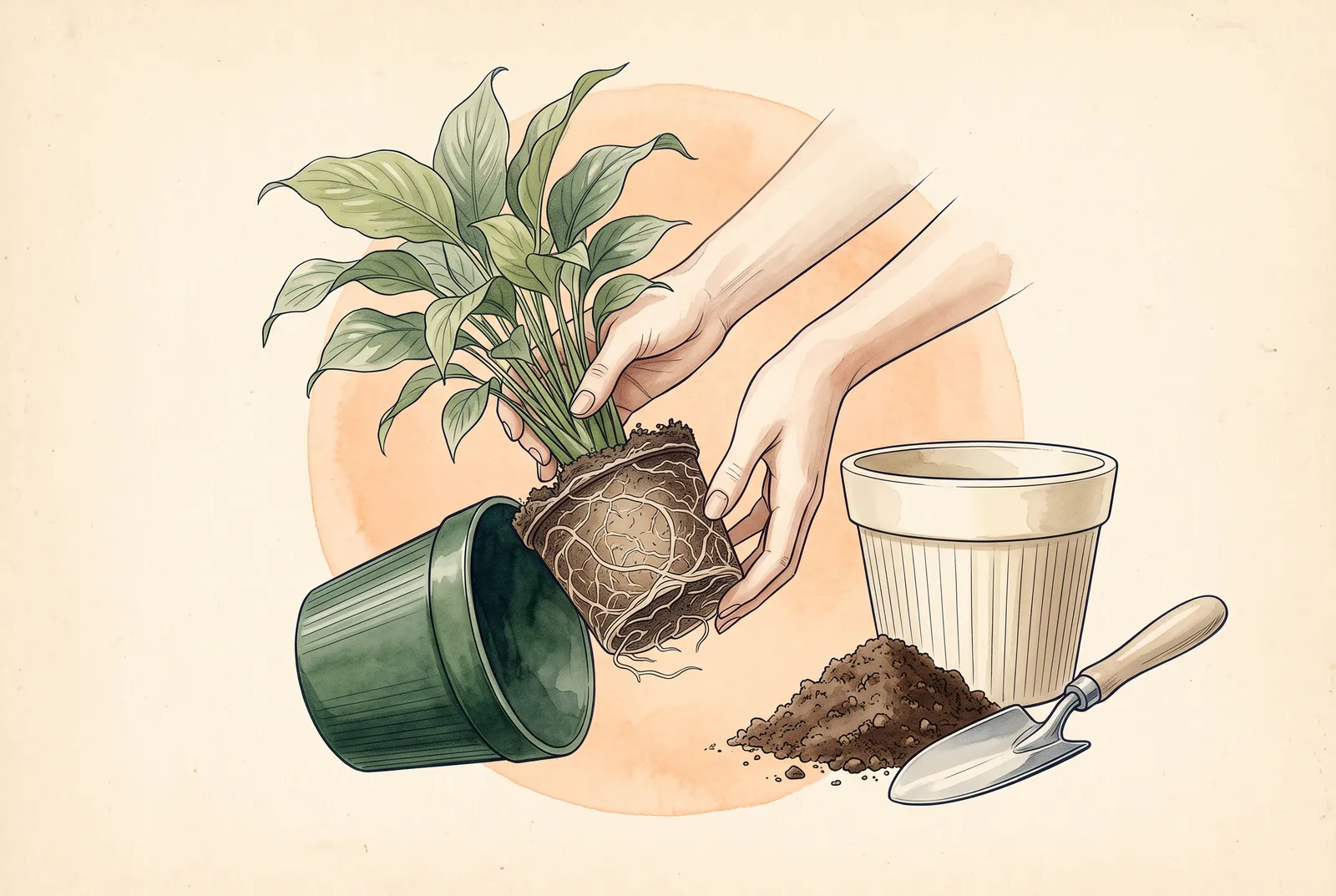Watercolor illustration of hands lifting a root ball out of a ribbed forest-green pot, a larger cream pot waiting beside