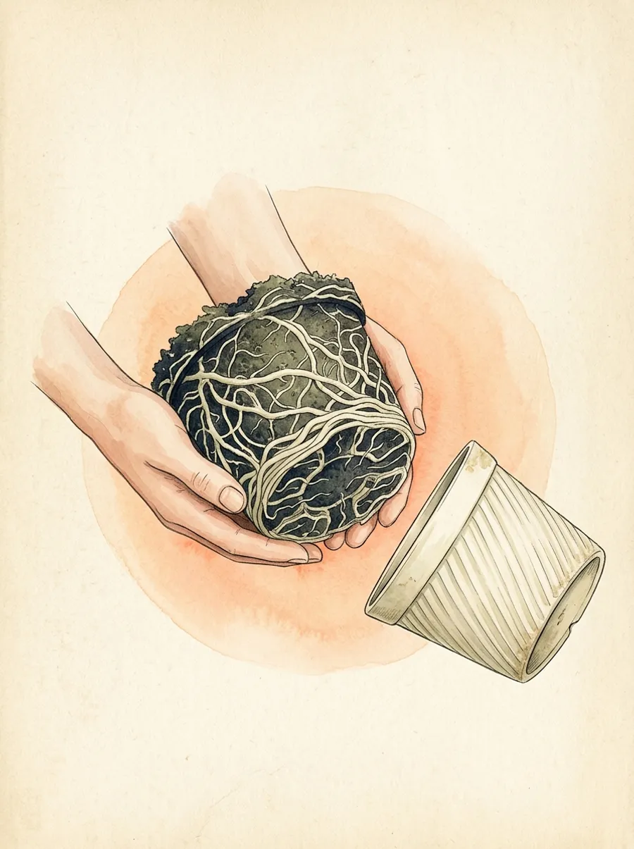 Watercolor illustration of two hands holding a dense pot-shaped root ball beside an empty ribbed cream pot
