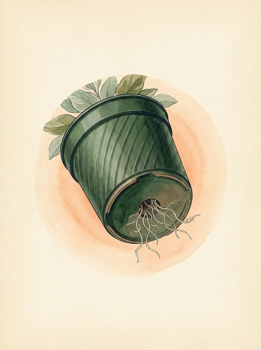 Watercolor illustration of a tilted ribbed forest-green pot with pale roots curling out of its drainage hole
