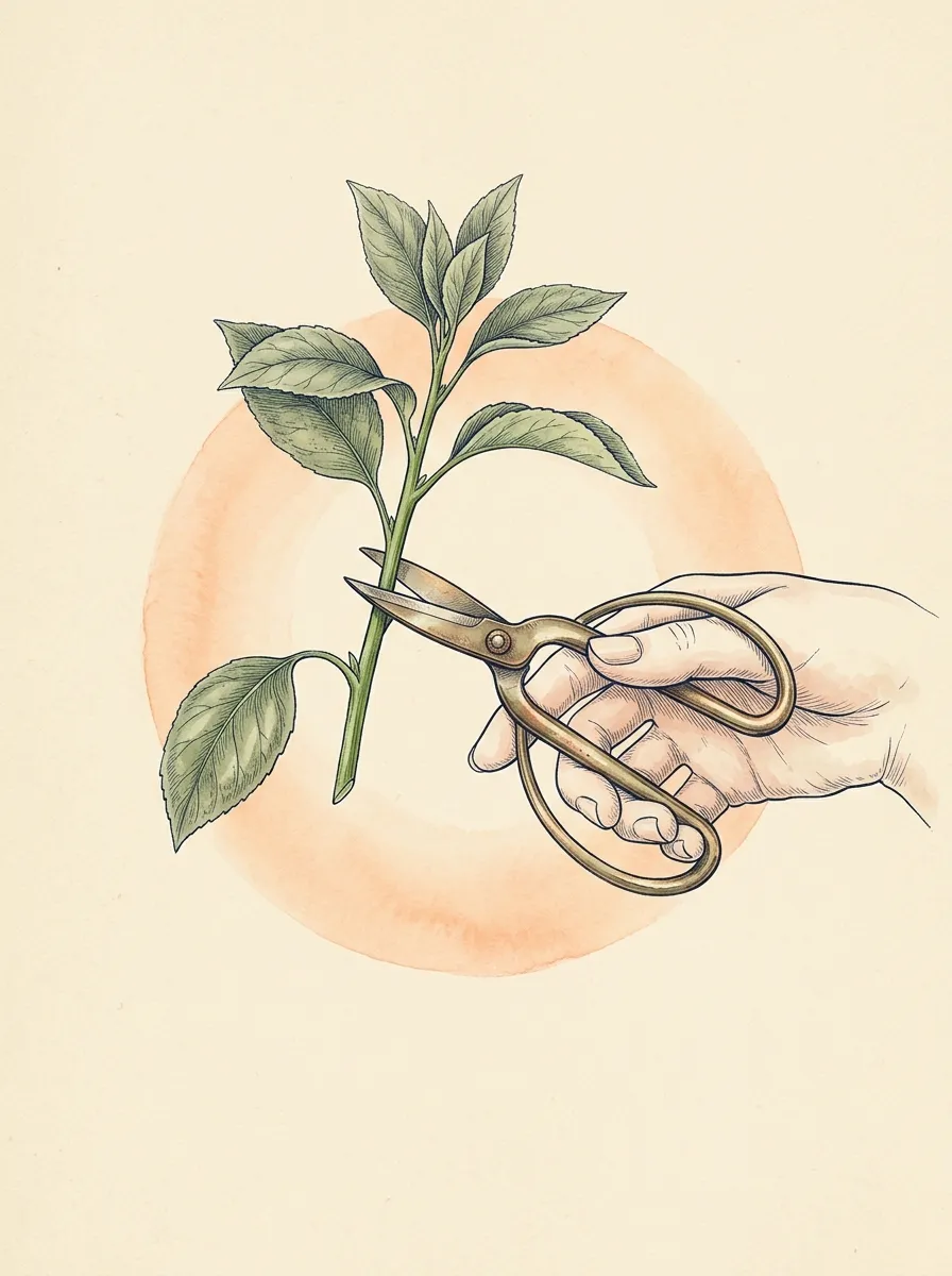Watercolor illustration of a hand cutting a green stem below a node with brass snips
