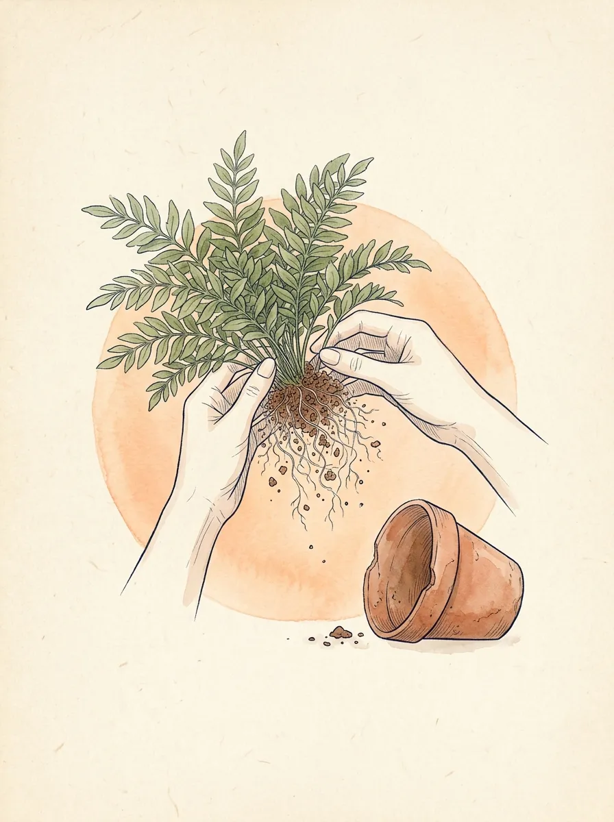 Watercolor illustration of two hands dividing a fern's root ball beside a fallen terracotta pot