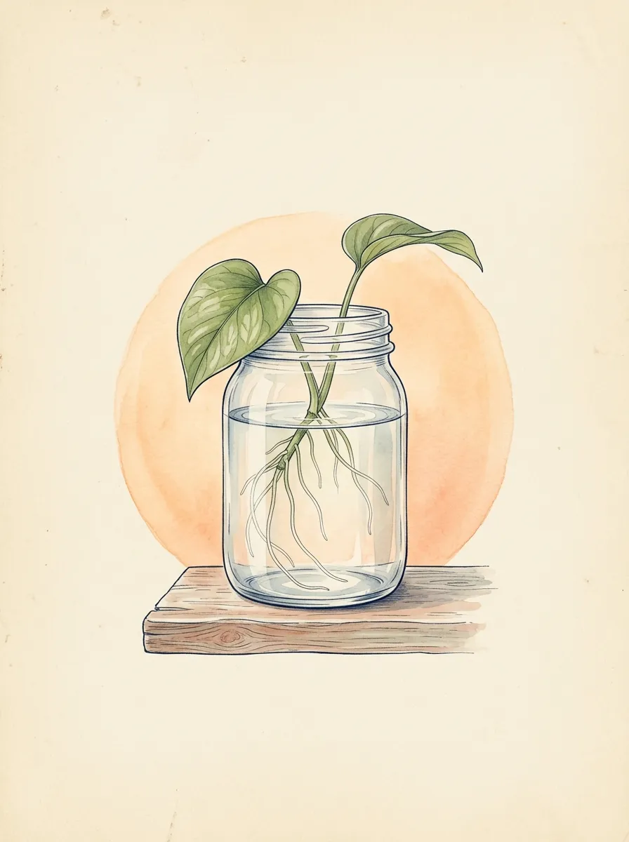 Watercolor illustration of a single pothos cutting growing white roots in a glass jar of water