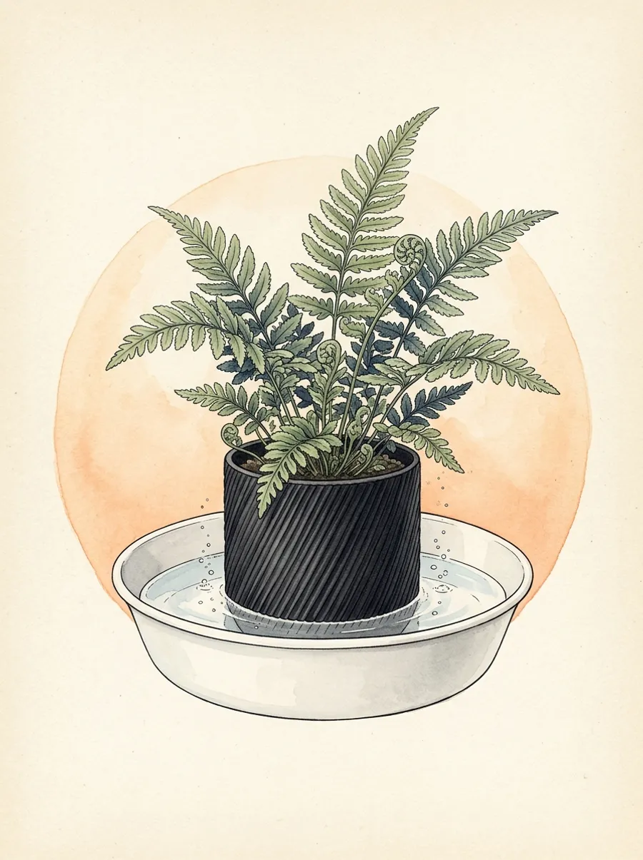 Watercolor illustration of a ribbed matte-black pot with a fern sitting in a shallow basin of water
