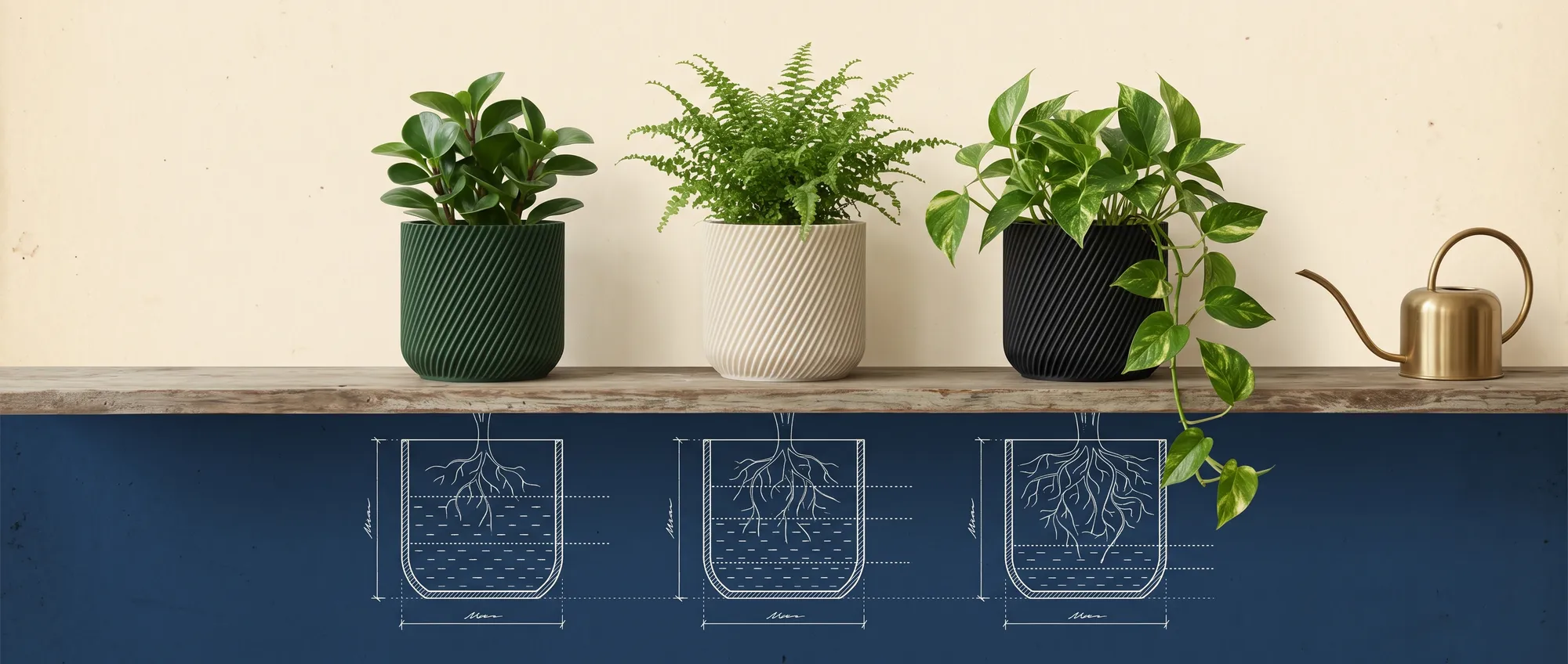 Three ribbed planters in forest green, cream and black on a wooden shelf beside a brass watering can; below, a navy blueprint shows their root balls and water levels in white linework