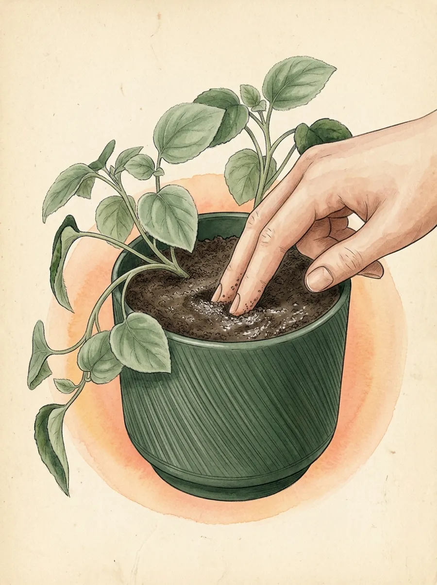 Watercolor illustration of two fingers testing the soil moisture of a ribbed forest-green pot