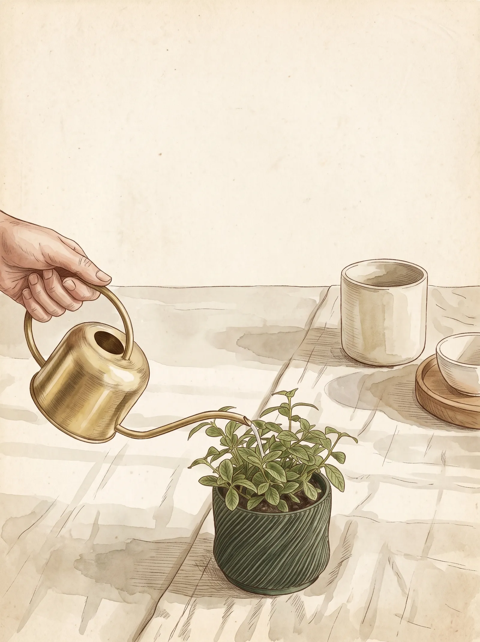 Watercolor illustration of a hand pouring water from a brass watering can into a peperomia in a ribbed forest-green pot on a linen tablecloth