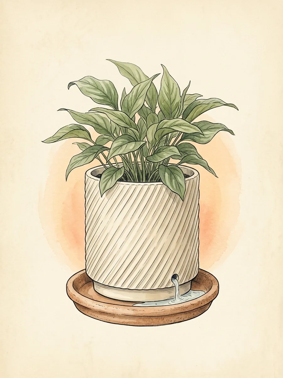 Watercolor illustration of a ribbed cream pot draining excess water into a terracotta saucer