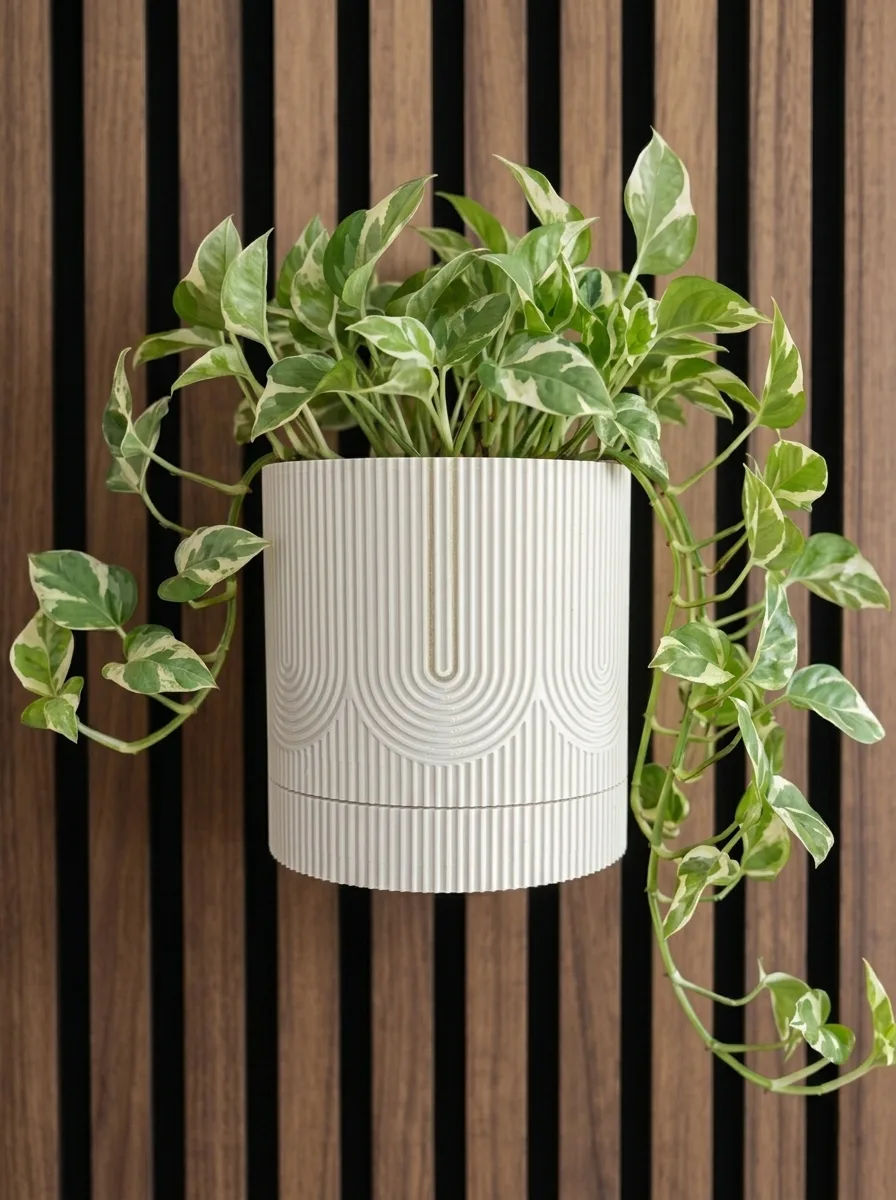 White ribbed smart planter with an arch pattern and a variegated pothos on a walnut slat wall