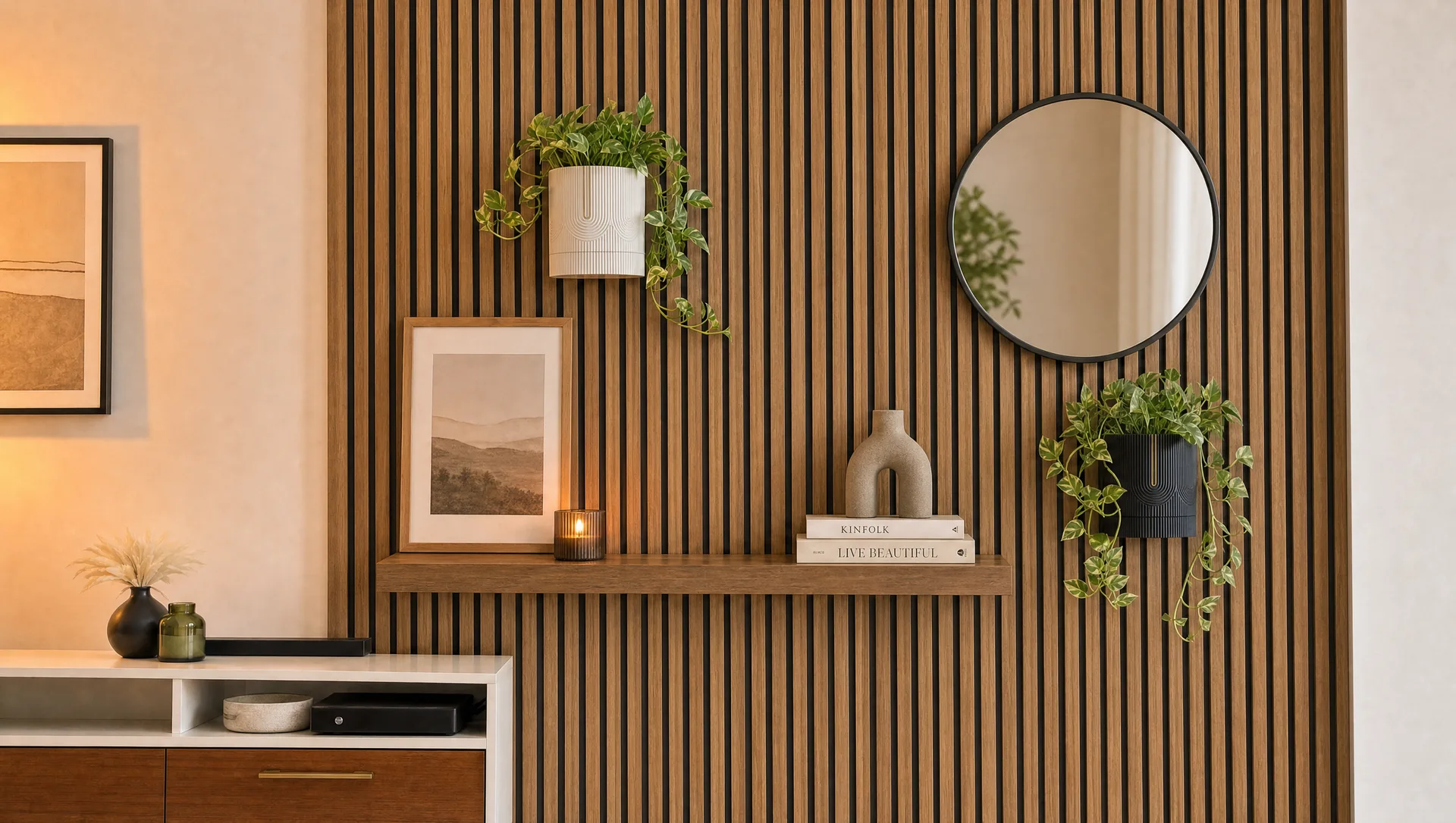 A walnut slat wall with a white and a black ribbed smart planter, a round mirror and a floating shelf in a warm living room