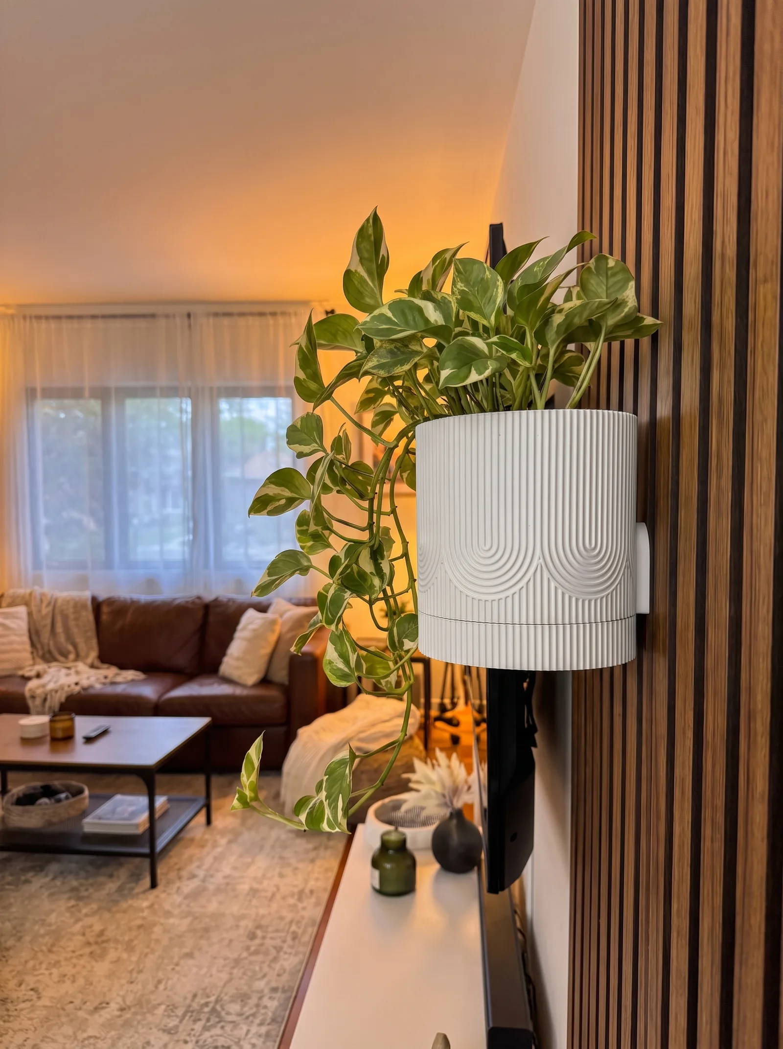 A white ribbed smart planter with trailing pothos mounted on a walnut slat wall at the edge of a warm living room at dusk