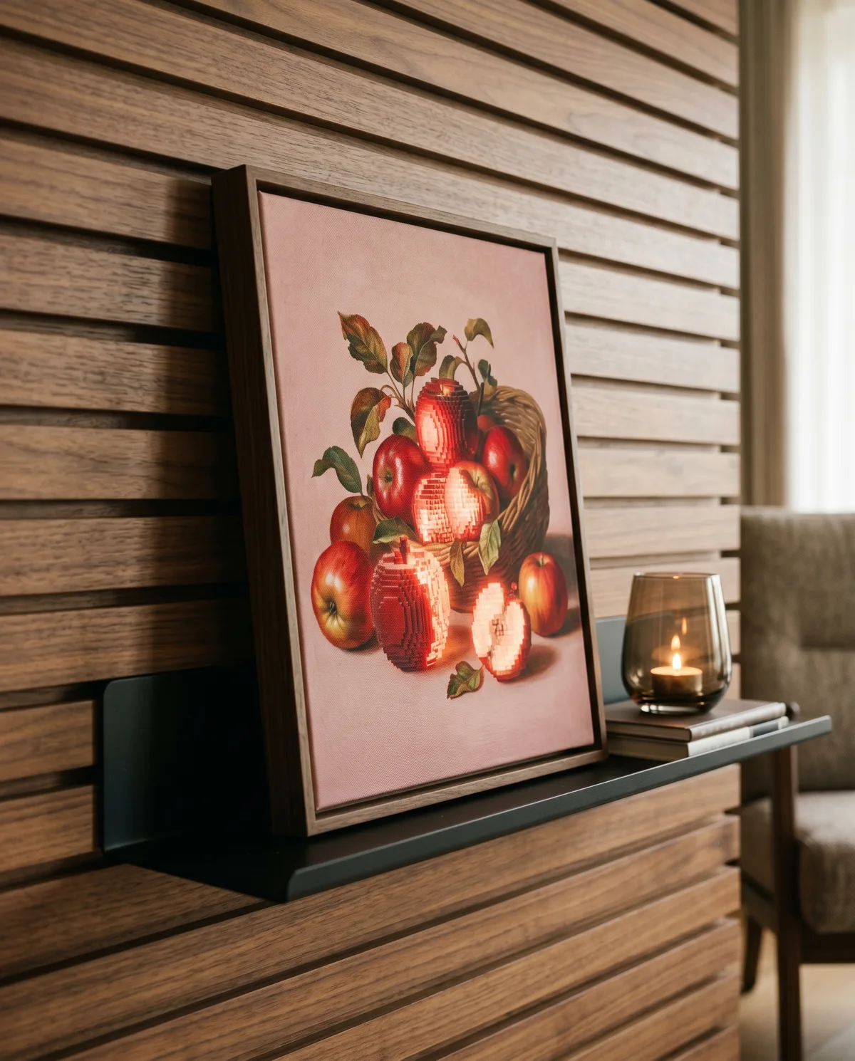 Canvas print of a classical still-life with pixelated voxel fruit, on a black shelf